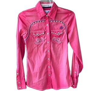 Roar Embelished Pink Western Pearl Snap Button Down Shirt XS